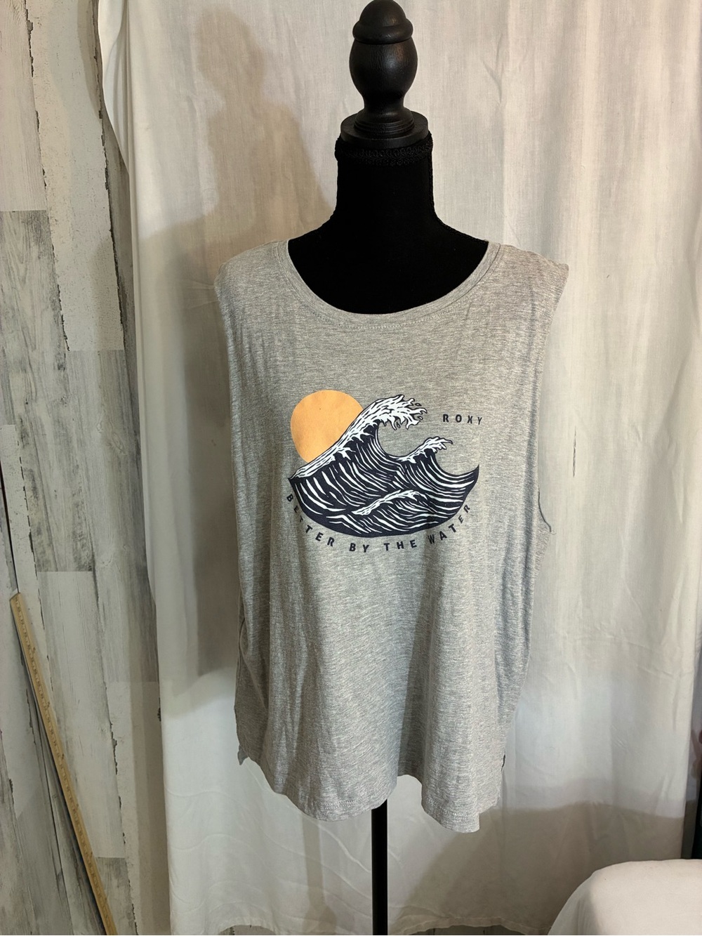 Roxy Gray Tank with Navy Wave and Yellow Sun Graphic